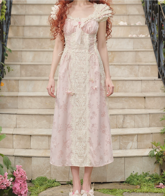 Romantic Short Sleeve Pink Prom Dress Lace Jacquard A-Line Evening Dress C8635