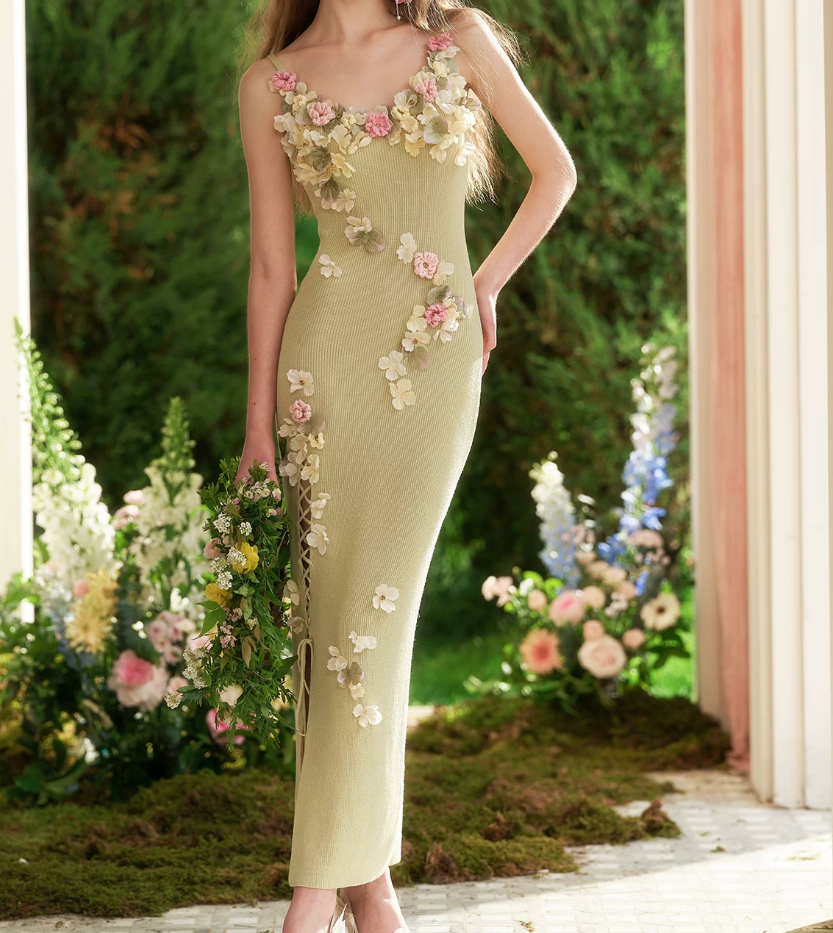 Dreamy Spaghetti Straps Green Prom Dress Appliques Slit Sheath Evening Dress C8636
