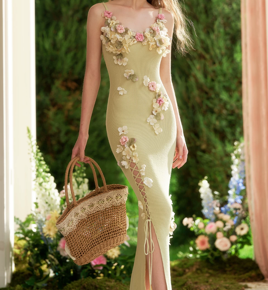 Dreamy Spaghetti Straps Green Prom Dress Appliques Slit Sheath Evening Dress C8636