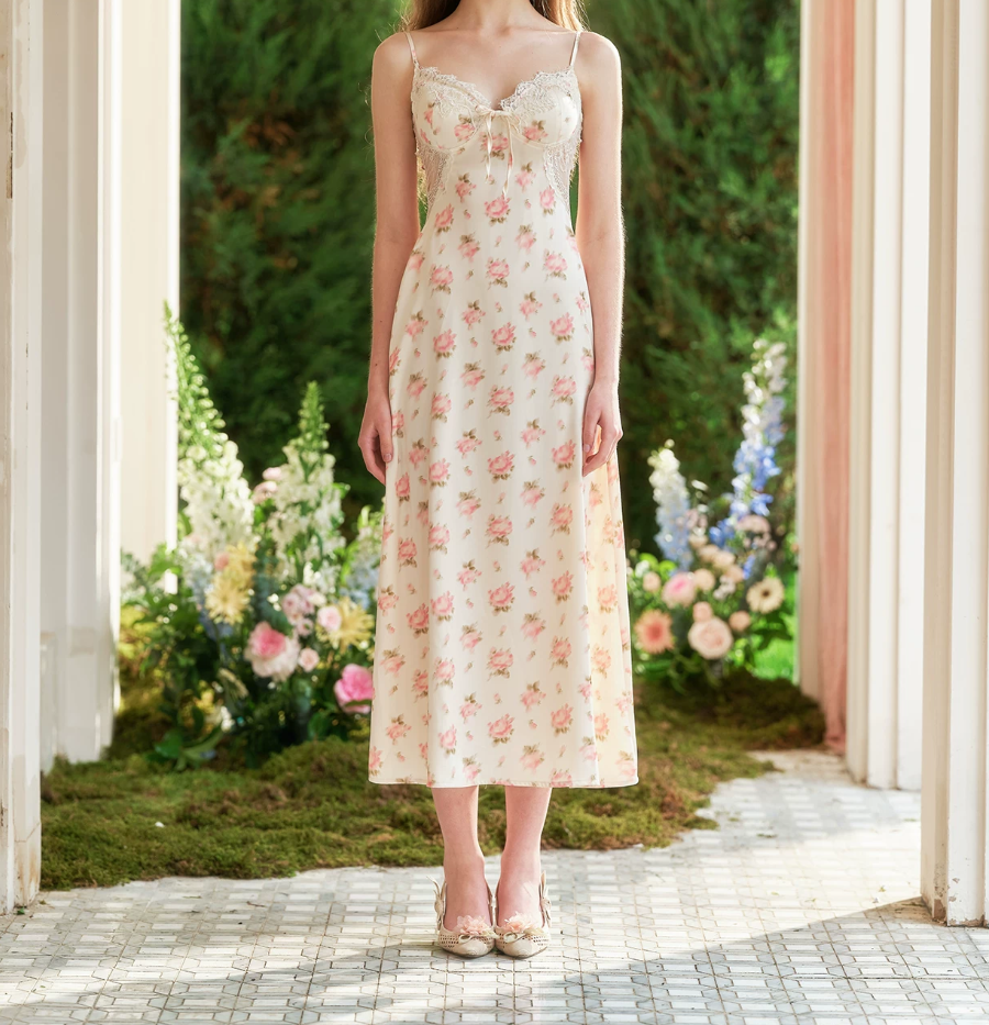 Chic Spaghetti Straps White Prom Dress Floral A-Line Evening Dress C8637