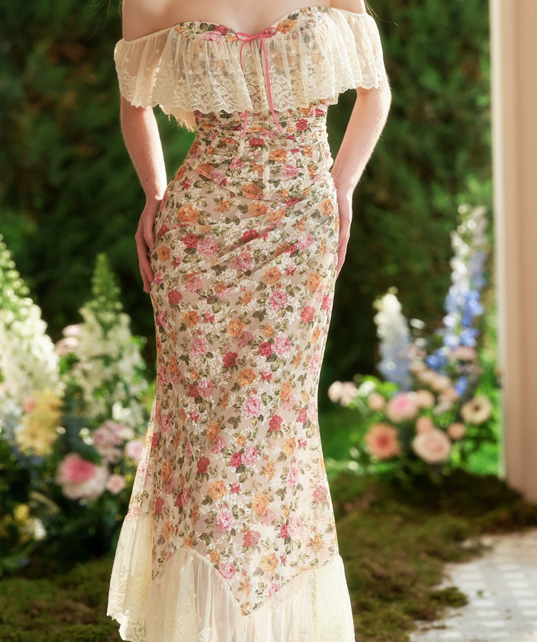 Fascinating Off-Shoulder Lace Prom Dress Floral Mermaid Evening Dress C8638