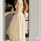 Ornate Spaghetti Straps Ivory Prom Dress Lace  Bows A-Line Evening Dress C8639