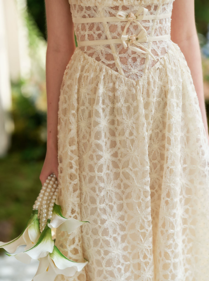 Ornate Spaghetti Straps Ivory Prom Dress Lace  Bows A-Line Evening Dress C8639