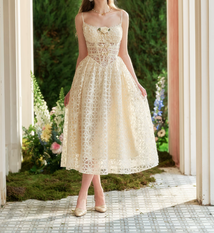 Ornate Spaghetti Straps Ivory Prom Dress Lace  Bows A-Line Evening Dress C8639