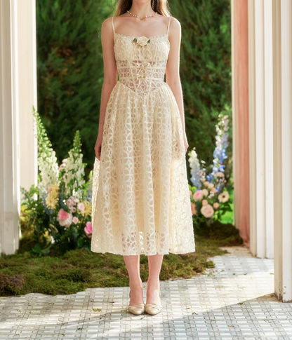 Ornate Spaghetti Straps Ivory Prom Dress Lace  Bows A-Line Evening Dress C8639
