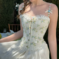 Trendy Spaghetti Straps Green Prom Dress Floral Satin A-Line Evening Dress C8640
