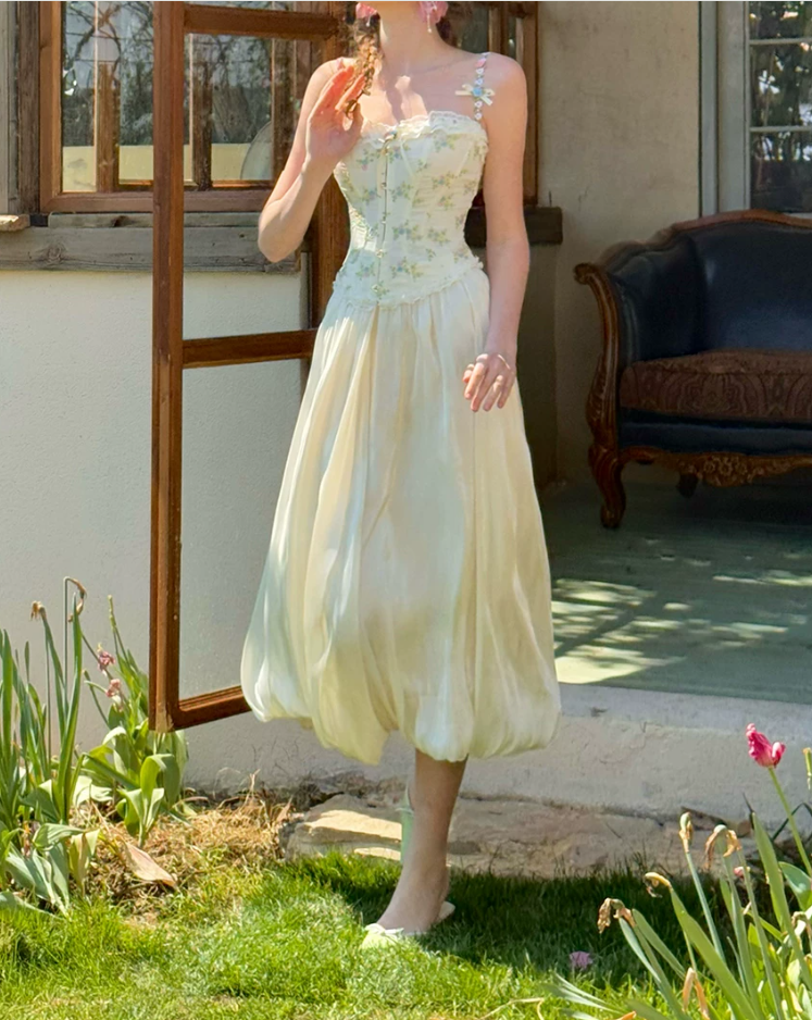 Trendy Spaghetti Straps Green Prom Dress Floral Satin A-Line Evening Dress C8640