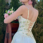Trendy Spaghetti Straps Green Prom Dress Floral Satin A-Line Evening Dress C8640