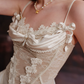 Glam Spaghetti Straps Ivory Prom Dress Appliques Lace A-Line Evening Dress C8641