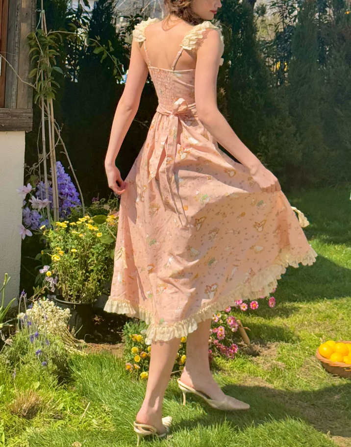 Elegant Square Neck Ruffles Prom Dress Lace Pink Floral A-Line Evening Dress C8643