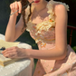 Elegant Square Neck Ruffles Prom Dress Lace Pink Floral A-Line Evening Dress C8643