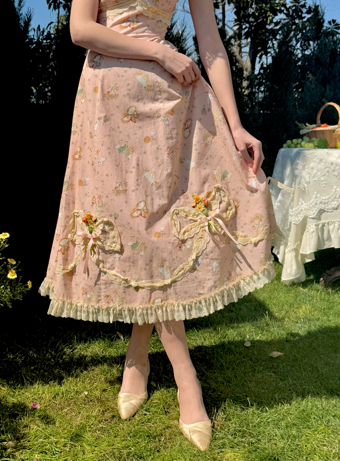 Elegant Square Neck Ruffles Prom Dress Lace Pink Floral A-Line Evening Dress C8643