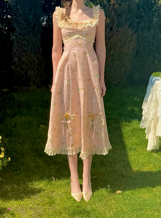 Elegant Square Neck Ruffles Prom Dress Lace Pink Floral A-Line Evening Dress C8643