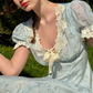 Romantic Short Sleeve Blue Prom Dress Lace V Neck A-Line Evening Dress C8644