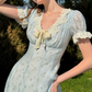 Romantic Short Sleeve Blue Prom Dress Lace V Neck A-Line Evening Dress C8644