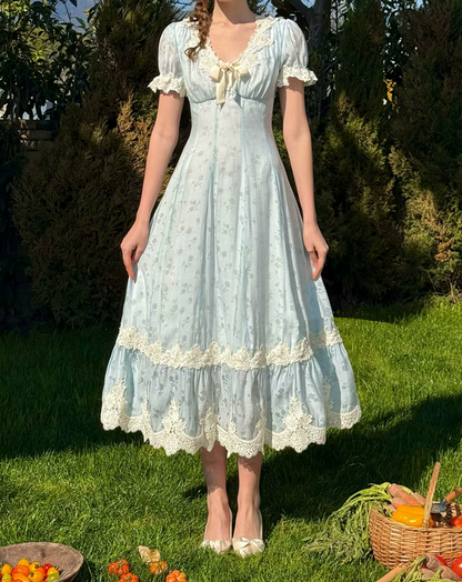 Romantic Short Sleeve Blue Prom Dress Lace V Neck A-Line Evening Dress C8644