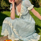 Romantic Short Sleeve Blue Prom Dress Lace V Neck A-Line Evening Dress C8644
