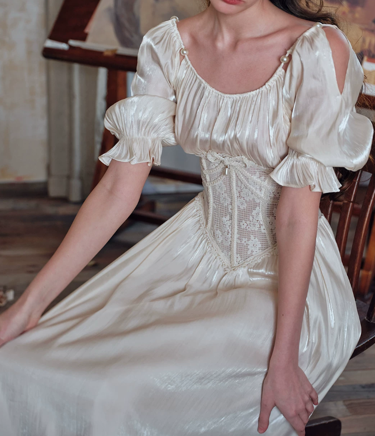 Lustrous Short Sleeve Ivory Prom Dress Lace A-Line Evening Dress C8646