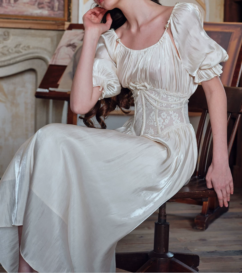 Lustrous Short Sleeve Ivory Prom Dress Lace A-Line Evening Dress C8646