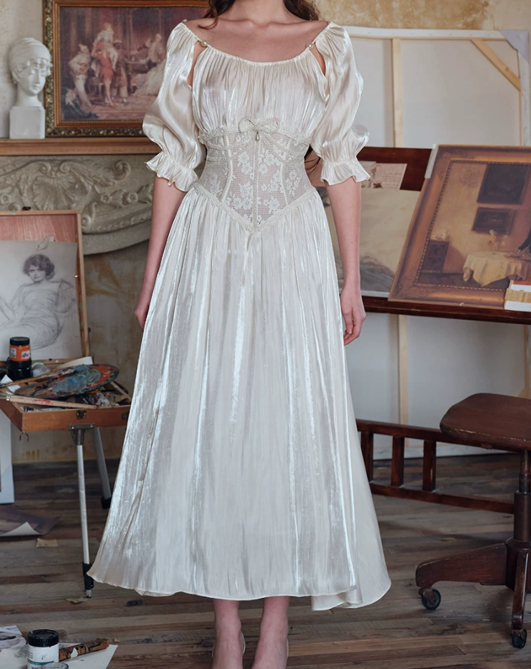 Lustrous Short Sleeve Ivory Prom Dress Lace A-Line Evening Dress C8646