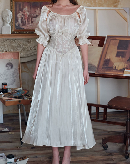 Lustrous Short Sleeve Ivory Prom Dress Lace A-Line Evening Dress C8646