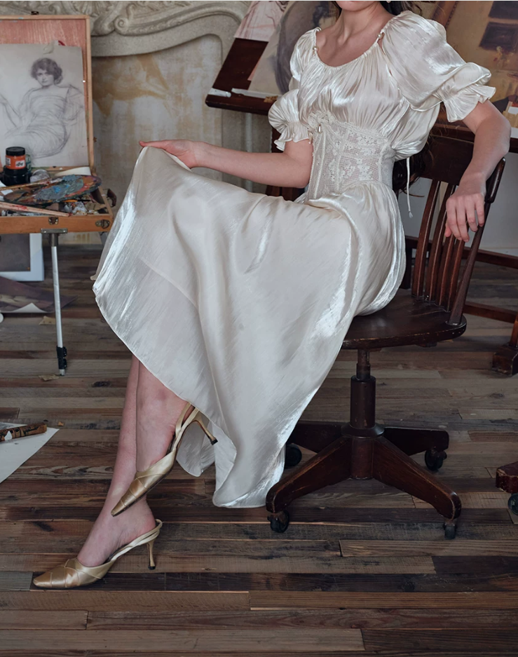 Lustrous Short Sleeve Ivory Prom Dress Lace A-Line Evening Dress C8646
