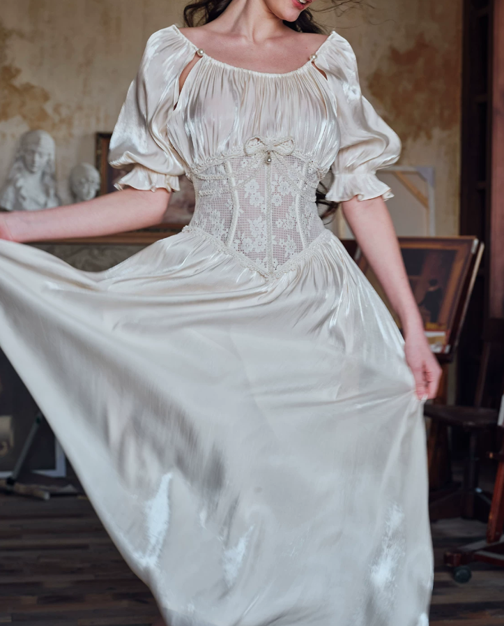 Lustrous Short Sleeve Ivory Prom Dress Lace A-Line Evening Dress C8646