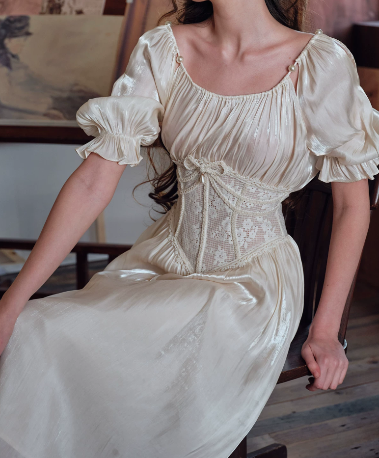 Lustrous Short Sleeve Ivory Prom Dress Lace A-Line Evening Dress C8646