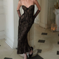 Sexy Spaghetti Straps Black Prom Dress Lace Slit Mermaid Evening Dress C8647