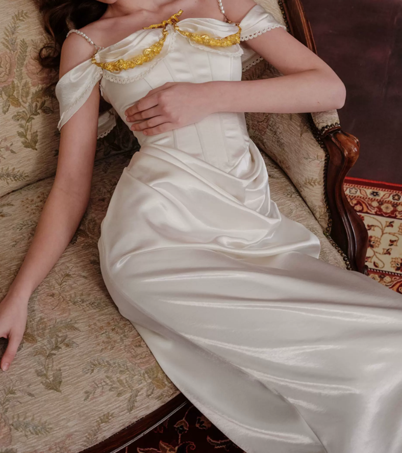 Graceful Beading Spaghetti Straps Prom Dress White Satin Evening Dress C8648