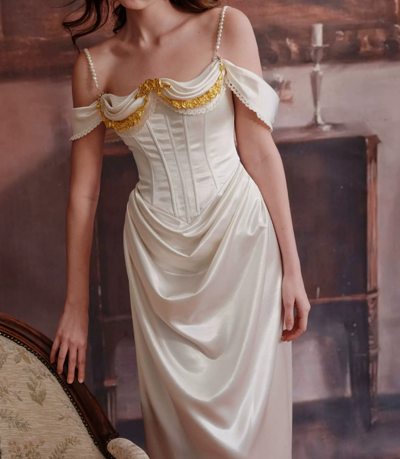 Graceful Beading Spaghetti Straps Prom Dress White Satin Evening Dress C8648