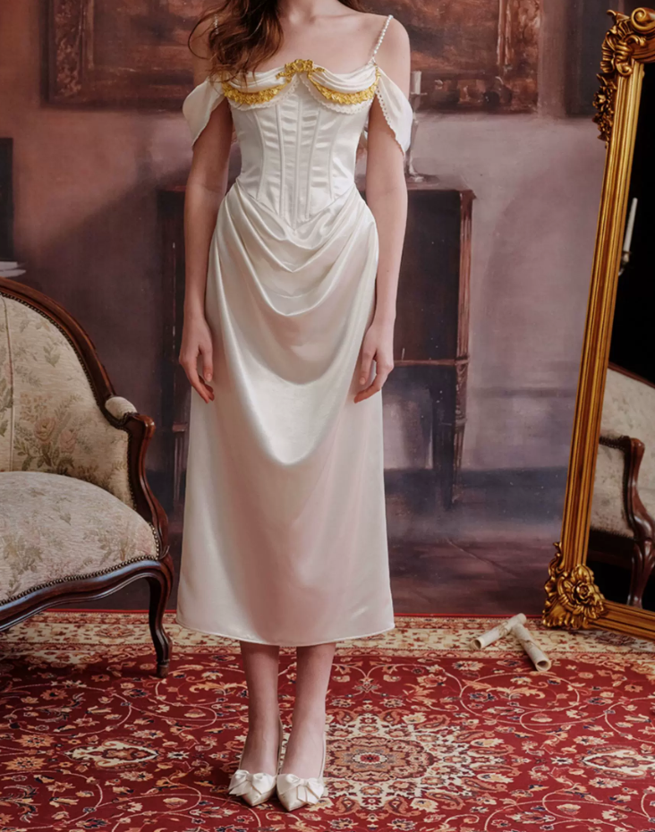Graceful Beading Spaghetti Straps Prom Dress White Satin Evening Dress C8648