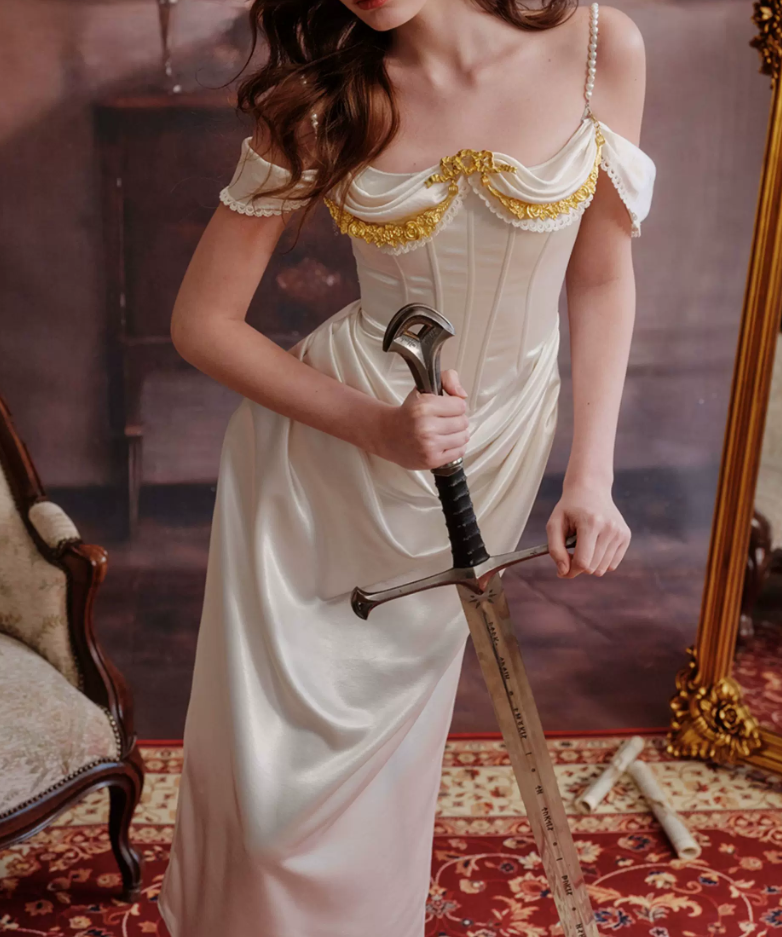Graceful Beading Spaghetti Straps Prom Dress White Satin Evening Dress C8648
