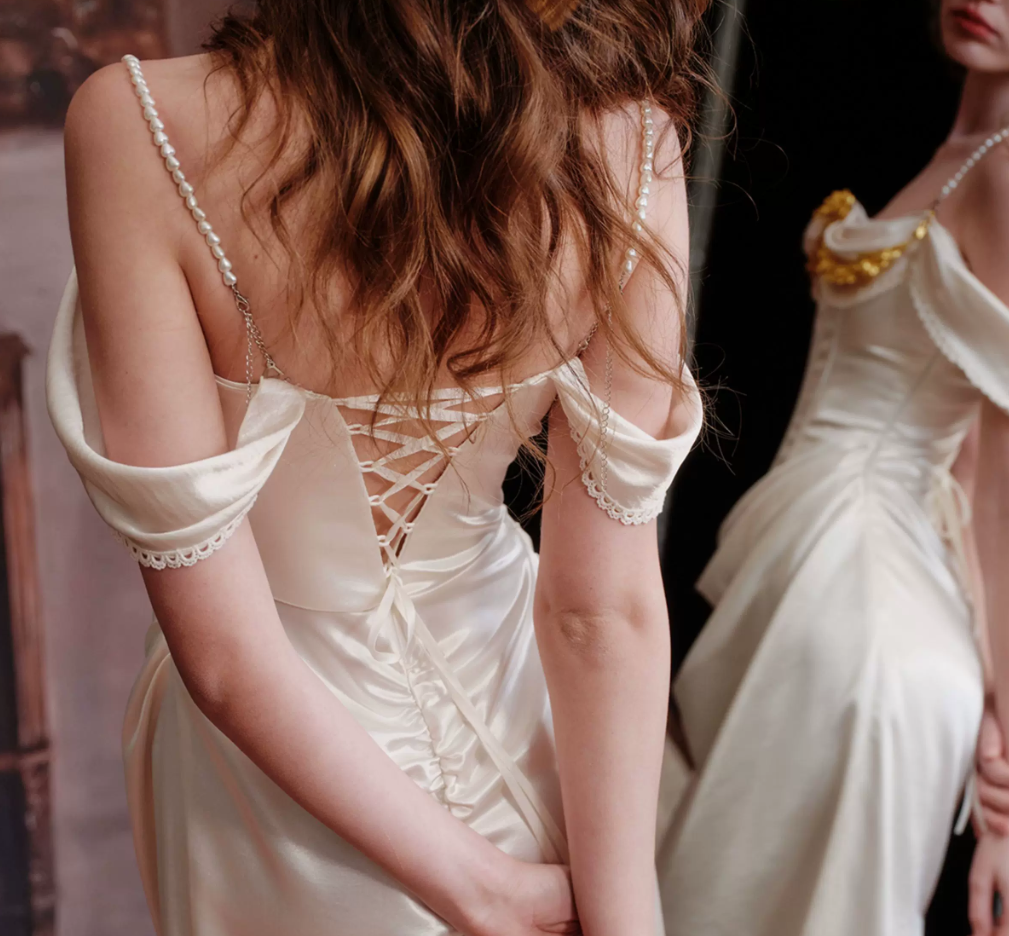 Graceful Beading Spaghetti Straps Prom Dress White Satin Evening Dress C8648