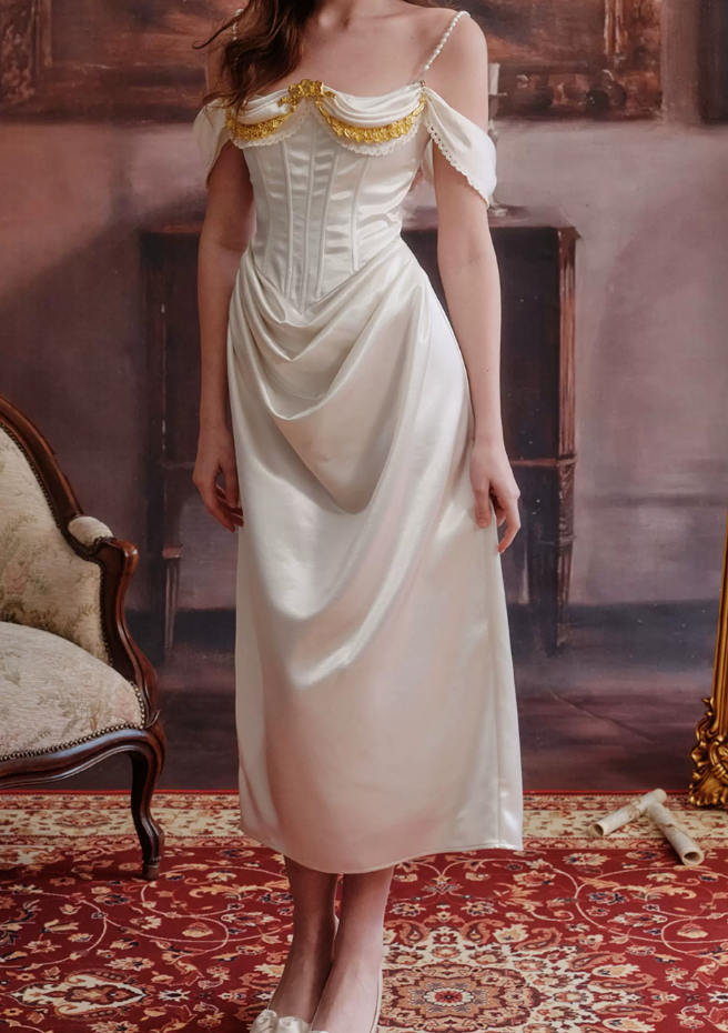 Graceful Beading Spaghetti Straps Prom Dress White Satin Evening Dress C8648