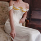 Graceful Beading Spaghetti Straps Prom Dress White Satin Evening Dress C8648