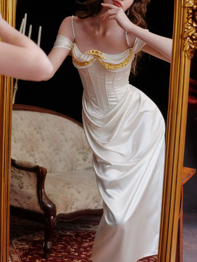 Graceful Beading Spaghetti Straps Prom Dress White Satin Evening Dress C8648
