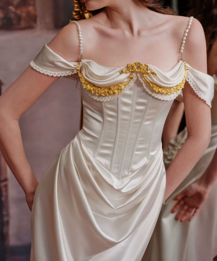 Graceful Beading Spaghetti Straps Prom Dress White Satin Evening Dress C8648