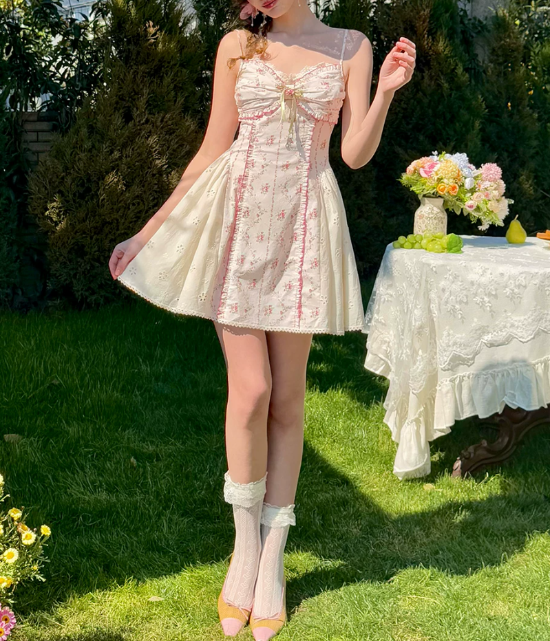 Adorable Pink Homecoming Dress Floral Spaghetti Straps A-Line Birthday Dress C8649