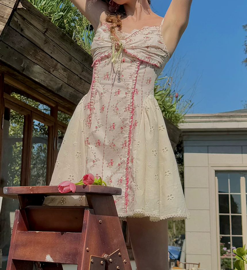 Adorable Pink Homecoming Dress Floral Spaghetti Straps A-Line Birthday Dress C8649