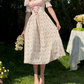 Classical Short Sleeve Ruffles Pink Prom Dress Square Neck Floral A-Line Evening Dress C8650