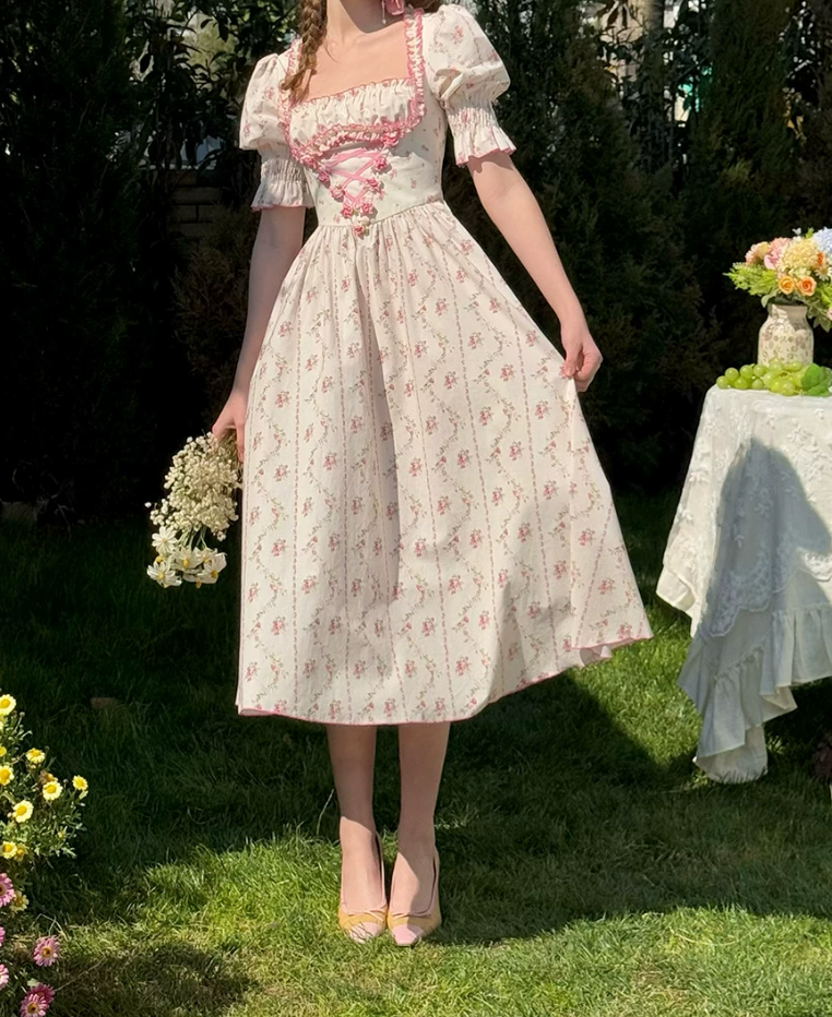 Classical Short Sleeve Ruffles Pink Prom Dress Square Neck Floral A-Line Evening Dress C8650