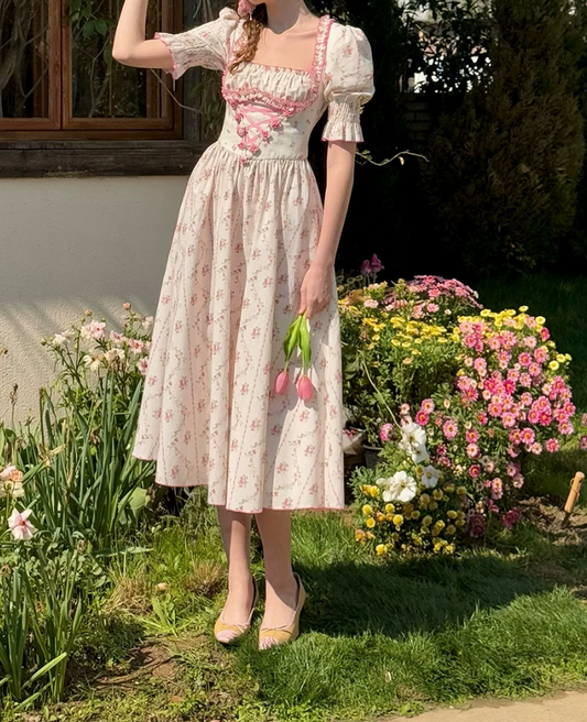 Classical Short Sleeve Ruffles Pink Prom Dress Square Neck Floral A-Line Evening Dress C8650