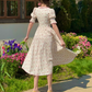 Classical Short Sleeve Ruffles Pink Prom Dress Square Neck Floral A-Line Evening Dress C8650