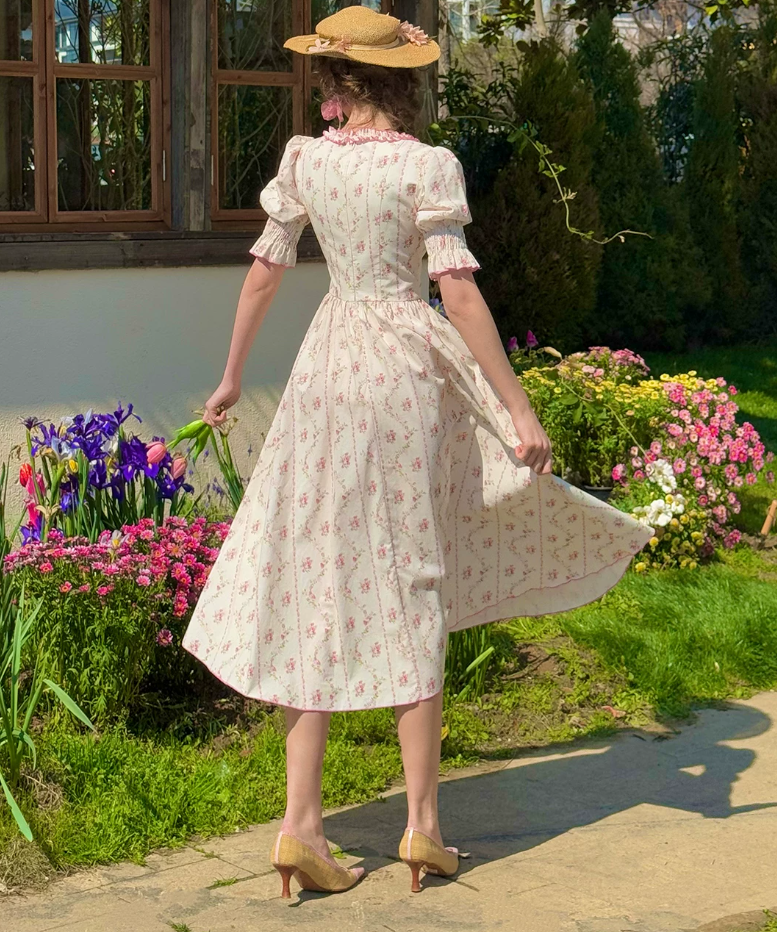Classical Short Sleeve Ruffles Pink Prom Dress Square Neck Floral A-Line Evening Dress C8650