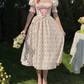 Classical Short Sleeve Ruffles Pink Prom Dress Square Neck Floral A-Line Evening Dress C8650