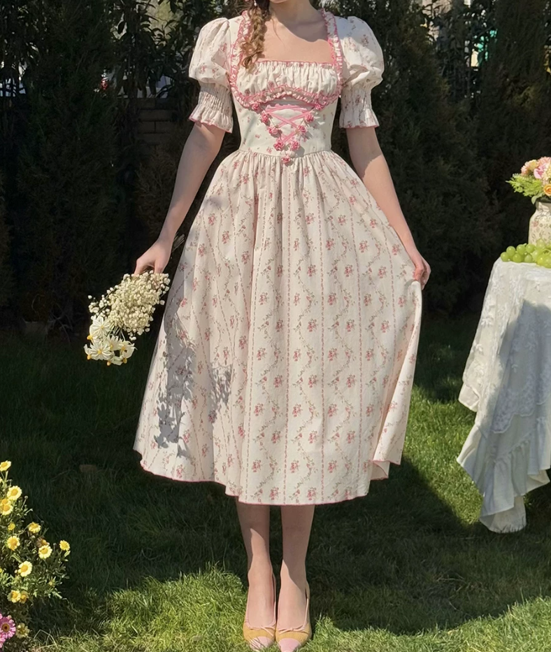 Classical Short Sleeve Ruffles Pink Prom Dress Square Neck Floral A-Line Evening Dress C8650