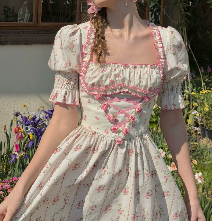 Classical Short Sleeve Ruffles Pink Prom Dress Square Neck Floral A-Line Evening Dress C8650