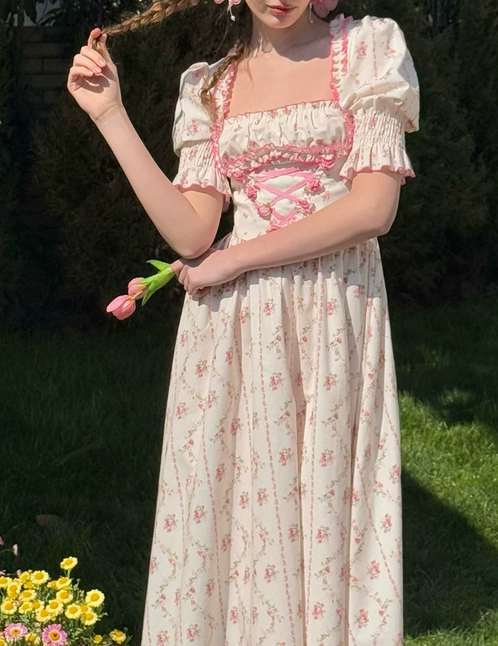 Classical Short Sleeve Ruffles Pink Prom Dress Square Neck Floral A-Line Evening Dress C8650