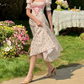 Classical Short Sleeve Ruffles Pink Prom Dress Square Neck Floral A-Line Evening Dress C8650